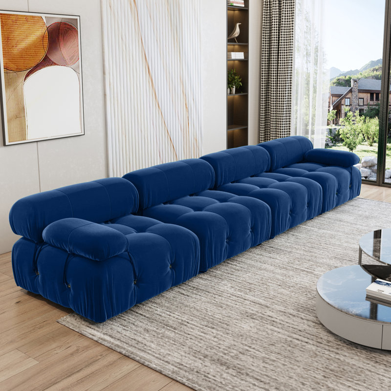 Cylar 138.6'' Wide Velvet Reversible Modular Sofa & Chaise, Blue