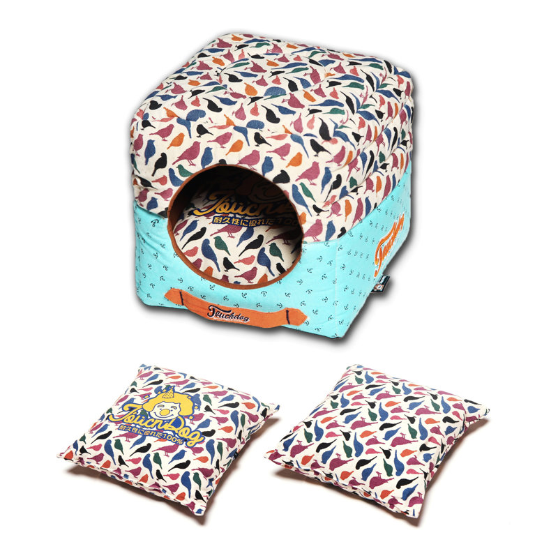 Blue Bird Pattern Convertible Collapsible Dog House Bed