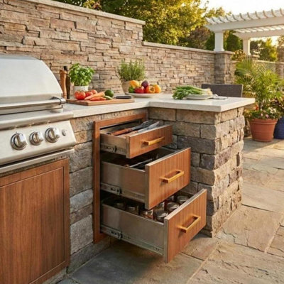 Brown-Grain Outdoor Kitchen Triple Drawers