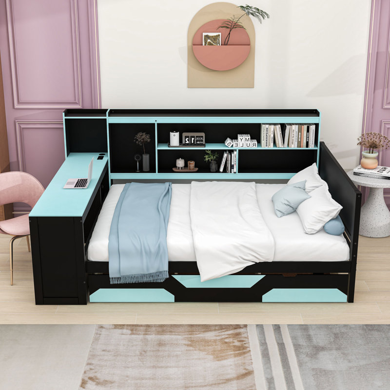 Wood Daybed with 3 Drawers, Desk, Lights, Shelves and Charging Station, Queen, Black/Blue
