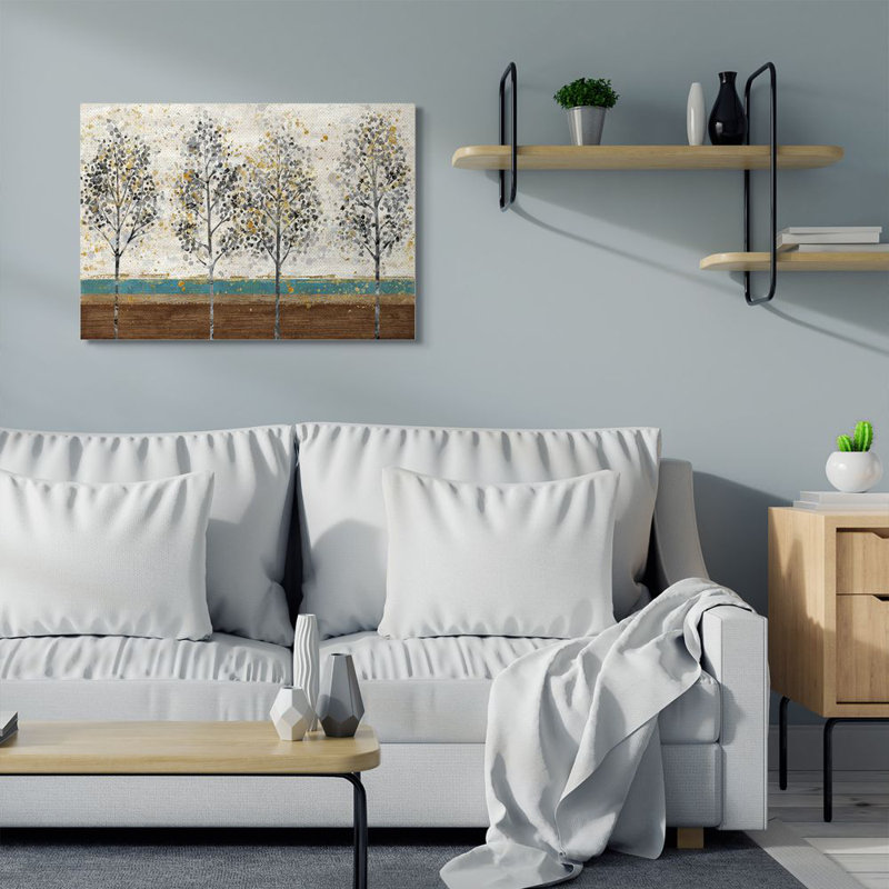 « tree line abstract gold blue landscape », reproduction d’art, Toile tendue, H 30 po x l 40 po x P 1,5 po