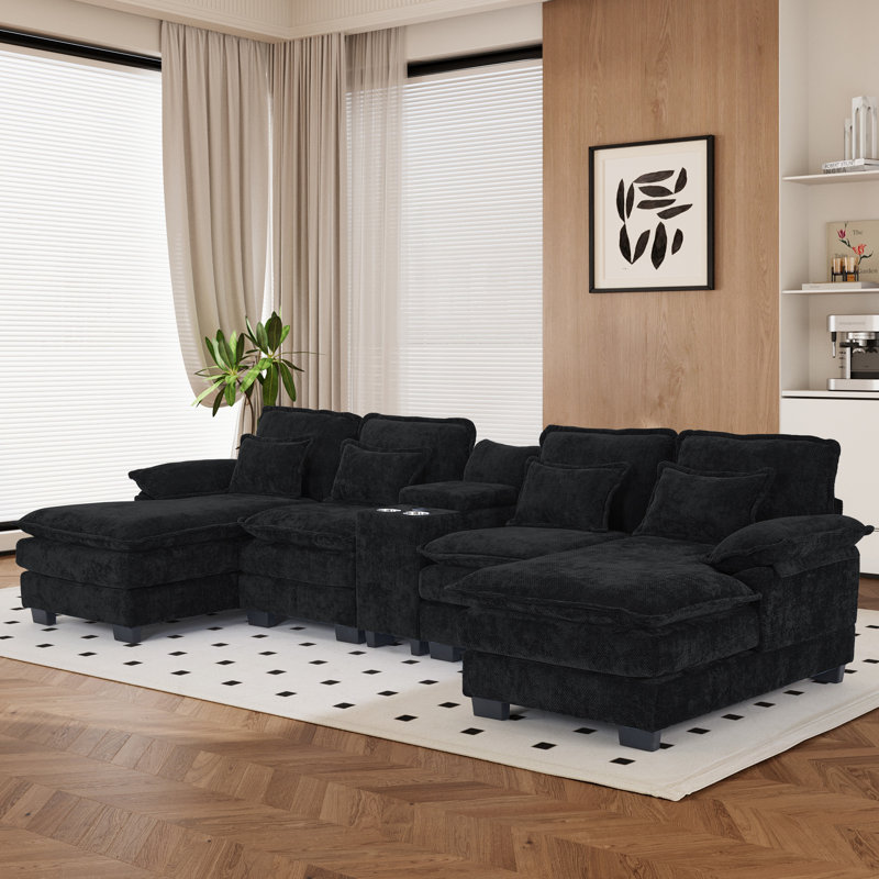 5 Piece U Shape Sectional Sofa Cloud Couch Double Chaise Sectional Couch with Console, Black Chenille