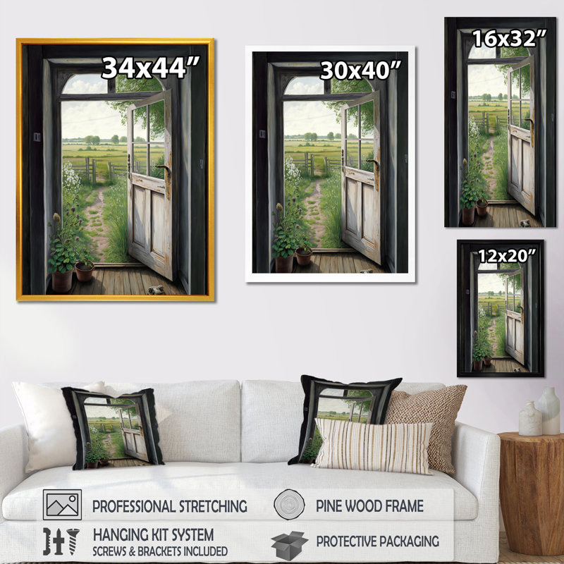 Vue d'un chalet champêtre porte V - Paysage de ferme, art mural, salon, H 20 po x l 12 po x P 1 po, Cadre flottant doré