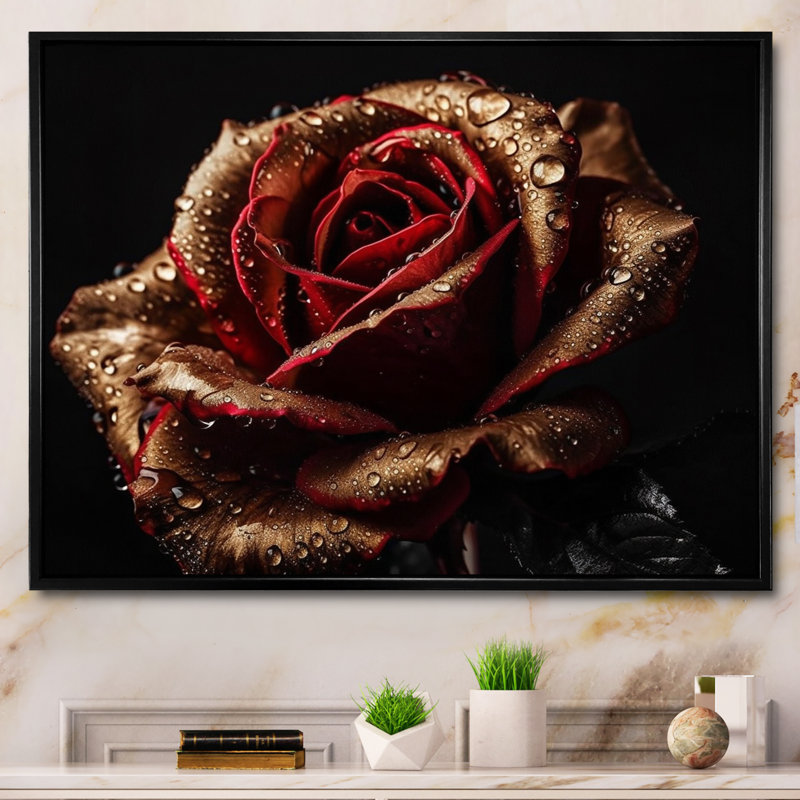 Morning Dew On Exquiste Red Rose - Art mural rose, Cadre flottant noir, H 34 po x l 44 po x P 1,5 po