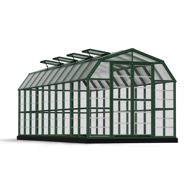 Palram - Canopia Grand Gardener 2 - 8' W x 20' D Walk-In Hobby Clear Polycarbonate Resin Frame Greenhouse Kit with Roof Vent and Base - Green