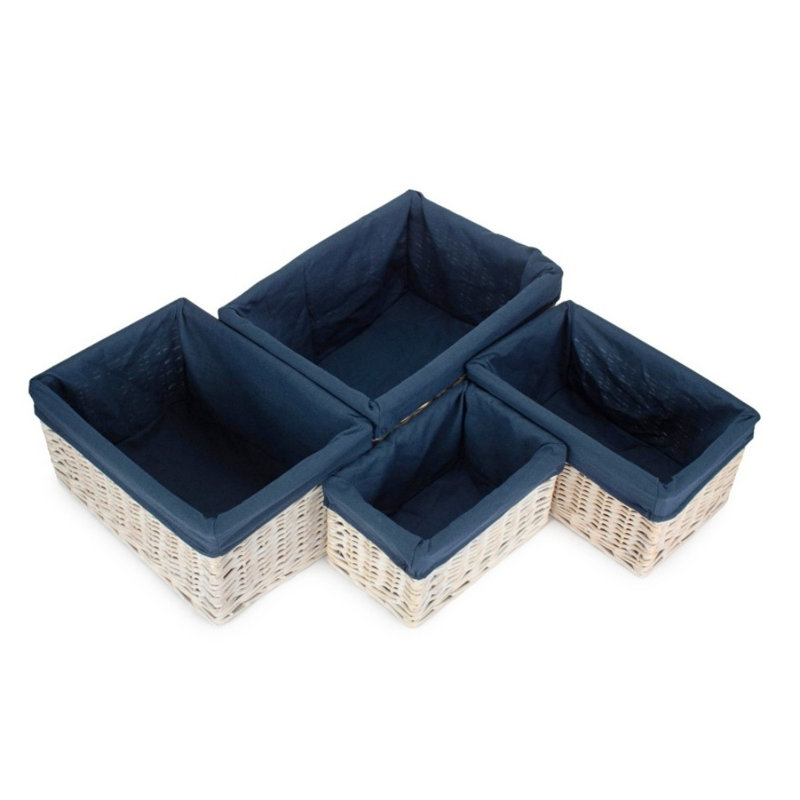 Set of 4 Navy Lined Open Storage Baskets, White