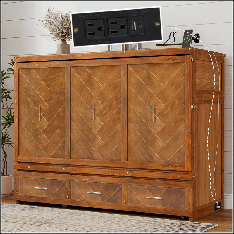 Grand lit escamotable avec armoire USB en bois de pin et panneau géométrique, Noyer