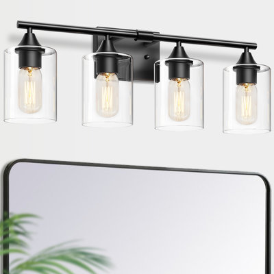 Luminaire de salle de bain 4 lumières noir mat, luminaire mural industriel avec abat-jour en verre transparent, lampe de salle de bain en métal pour miroir de meuble-lavabo moyen (sans ampoule)