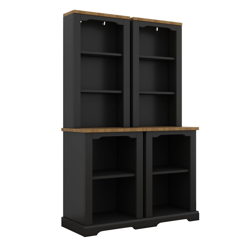 Tall Cabinet Bookcase With Open Shelves And Two-Tone Wood Top, Two-Piece Display Bookcase With Anti-Tip Device, Black