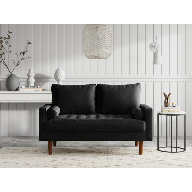 Brighton 58" Mid-Century Modern Velvet Loveseat, Tufted Square Arm Apartment Sofa with 2 Bolster Pillows, Teal Blue Velvet