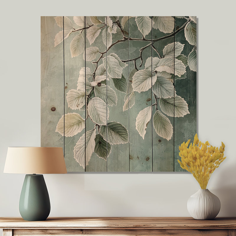 Frosted Leaves I - Leaves  Wood Wall Decor - On Natural Pine Wood, 30" H x 30" W x 0.78" D