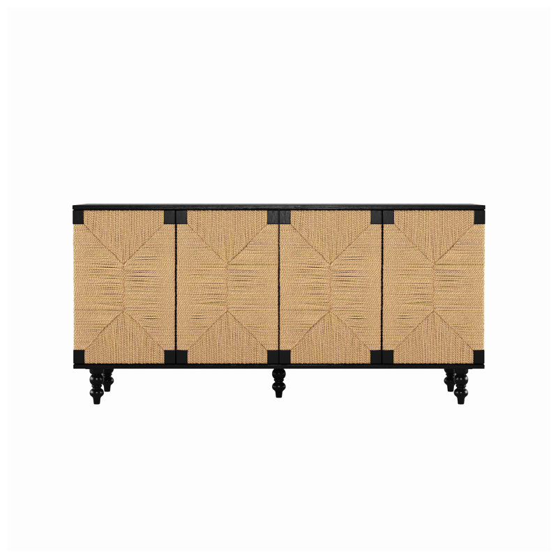 Buffet décoratif Boho avec portes Seagrass - Armoire de rangement en bois pour salle à manger, entrée ou couloir, finition noire et naturelle