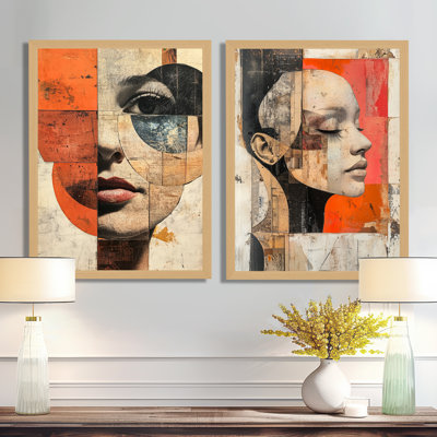 Portrait d'une femme en plusieurs couches artistiques - Collages abstraits, impression sur toile en 2 parties