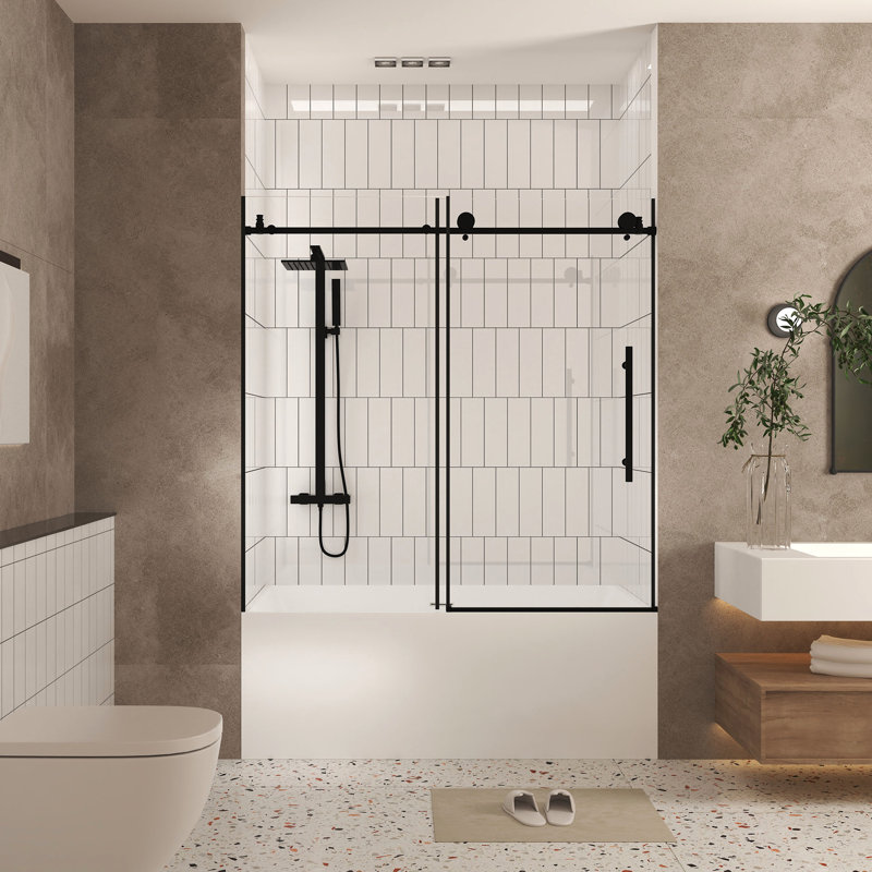 Shower Door, 56 - 60" W X H, 1/4" (6 Mm) Clear Tempered Glass, Proof Film, Corrosion Stainless Steel Handle, Matte Black, Good Transmittance For Bathroom 6 Mm Long Term Use Water Leak Prevention