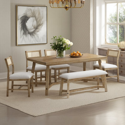 Vintage Farmhouse Style 6-piece Dining Table Set (natural Wood Wash) Rectangular Table + 4 Cushioned Chairs, Including Rattan And Benches, Suitable For Dining Rooms And Kitchens.