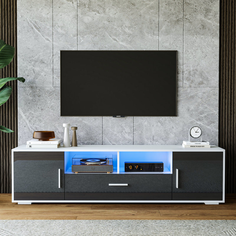 63" Modern High Gloss Led Octaviano With Sliding Door & Open Storage For Media Devices, Gray