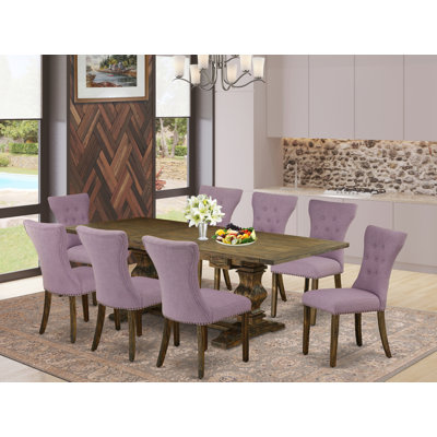 9 Piece Dining Set Includes a Rectangle Dining Room Table with Removable Leaf and 8 Dahlia Linen Fabric Upholstered Chairs, Distressed Jacobean
