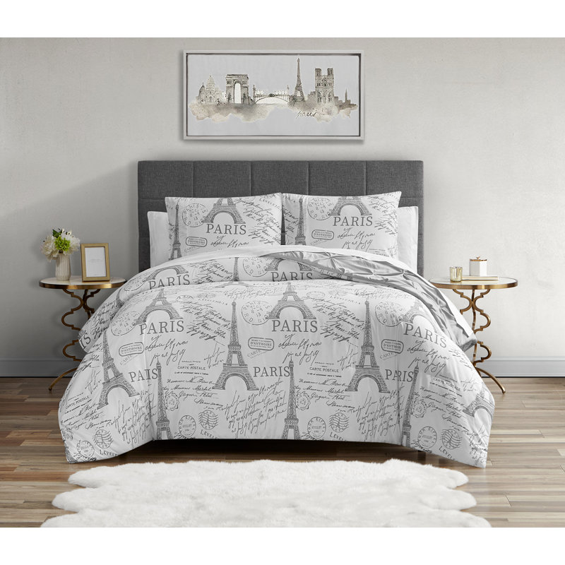 Ensemble d'édredon réversible en microfibre 7 pièces , Édredon de grande taille et 6 pièces supplément, Gris / blanc