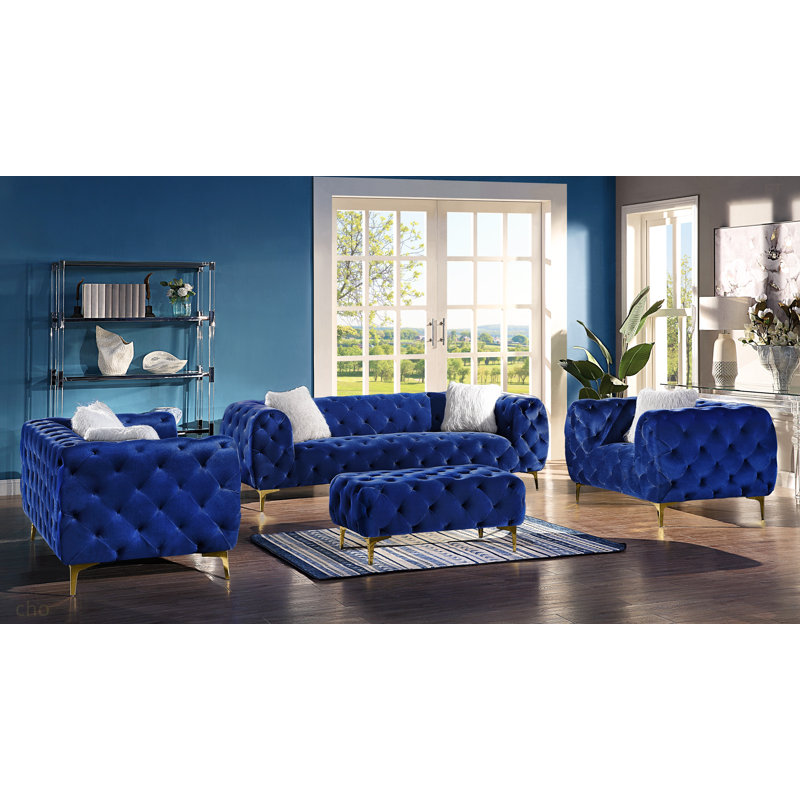 Blue Elegant Velvet Living Room Ottoman