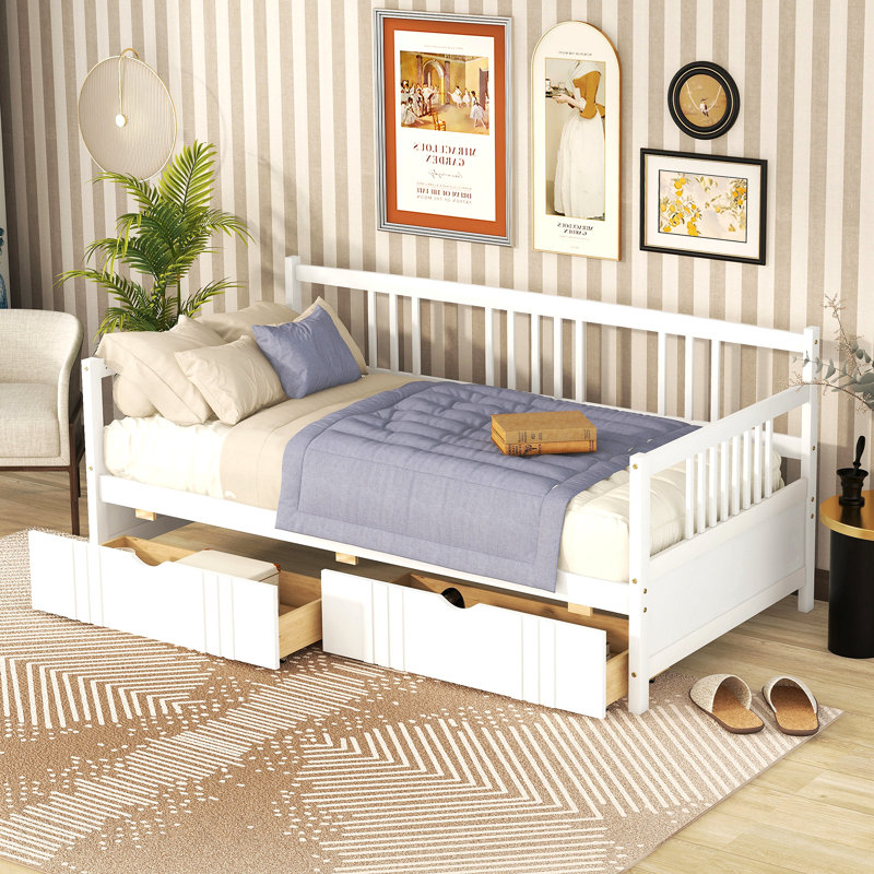Lit de jour simple en bois avec deux tiroirs, blanc, Twin, White