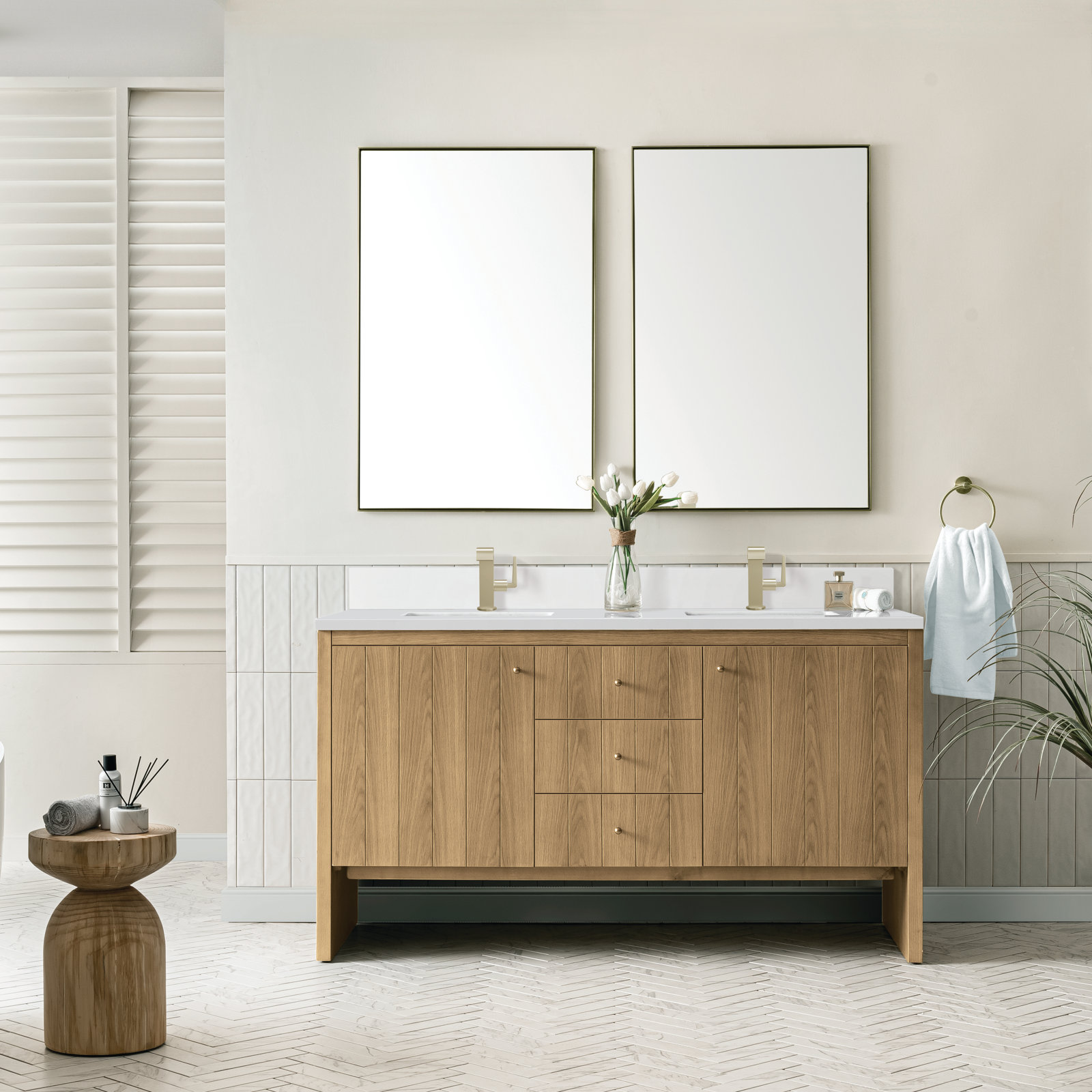 Hudson 60'' Double Bathroom Vanity, White Zeus, 8" Widespread, Light Natural Oak