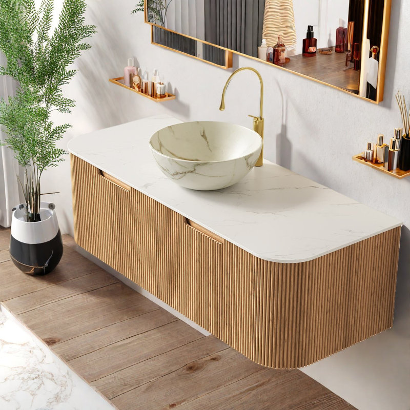 Meuble-lavabo flottant moderne avec lavabo en pierre, structure en bois naturel