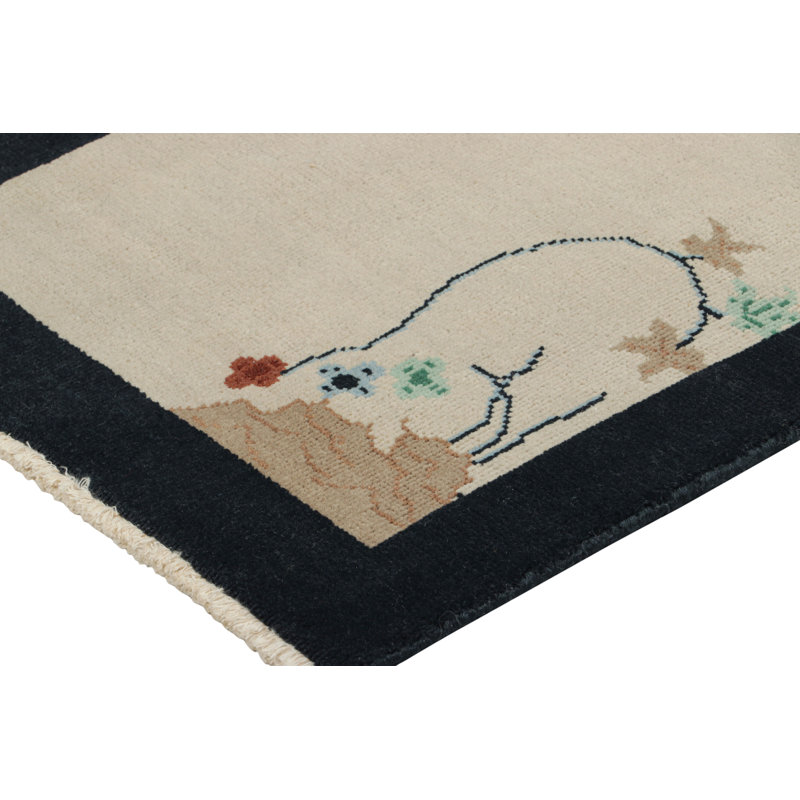 Rug & Kilim’S Chinese Deco Rug In White With Floral Patterns And Navy Border