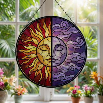 Panneau de vitrail en verre coloré 7,8 po H Sun and Moon