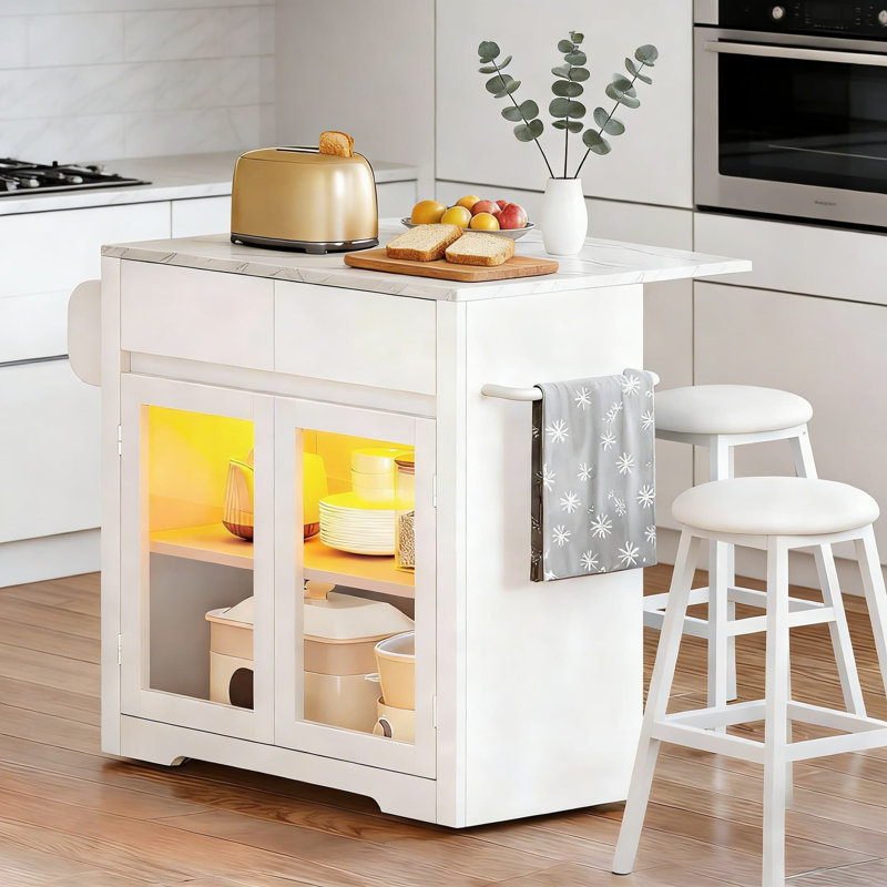Mobile Kitchen Island With Drop Leaf, Power Outlet & LED Lights, Includes 2 Cushioned Bar Stools, Towel And Spice Rack For Ample Storage