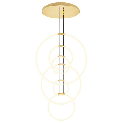 35'' Modern 6-Light LED Chandelier in Satin Gold – Sculptural Pendant Light with Floating Rings – Integrated LED, No Bulb Required