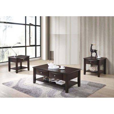 Espresso Finish 3Pc Occasional Table Set Living Room 1X Coffee Table 2X End Tables Wooden Classic Drawers Open Storage Shelf Base