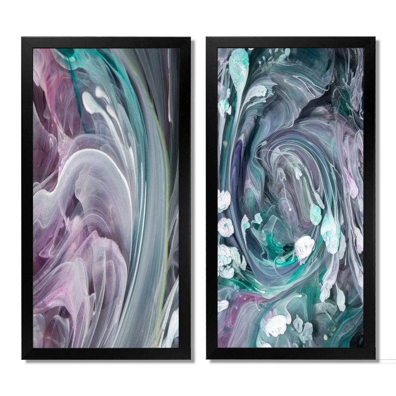 Ensemble de 2 peintures sur toile - Turquoise et mauve liquide Art IV, H 32 po x l 32 po x P 1 po, Cadre photo noir