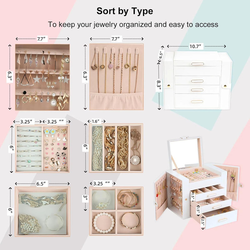 Boîte de rangement pour bijoux 4 couches avec miroir, 2 portes pour colliers et 2 placards pour boucles d'oreilles, grande armoire de rangement pour bijoux avec plusieurs compartiments