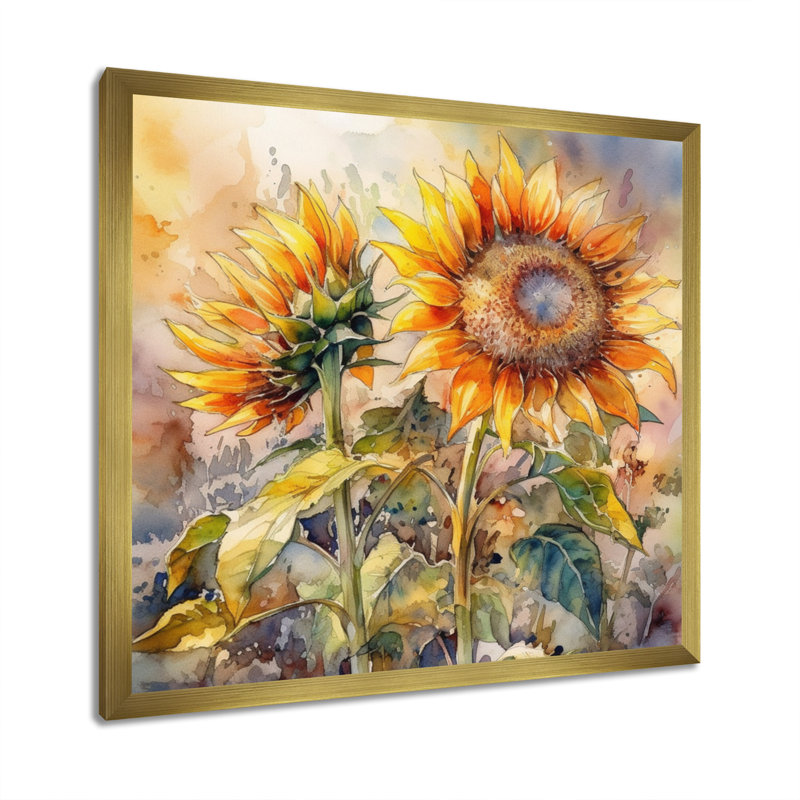 Tournesol jaune, symphonie III sur toile, Cadre doré simple, H 30 po x l 30 po x P 1 po