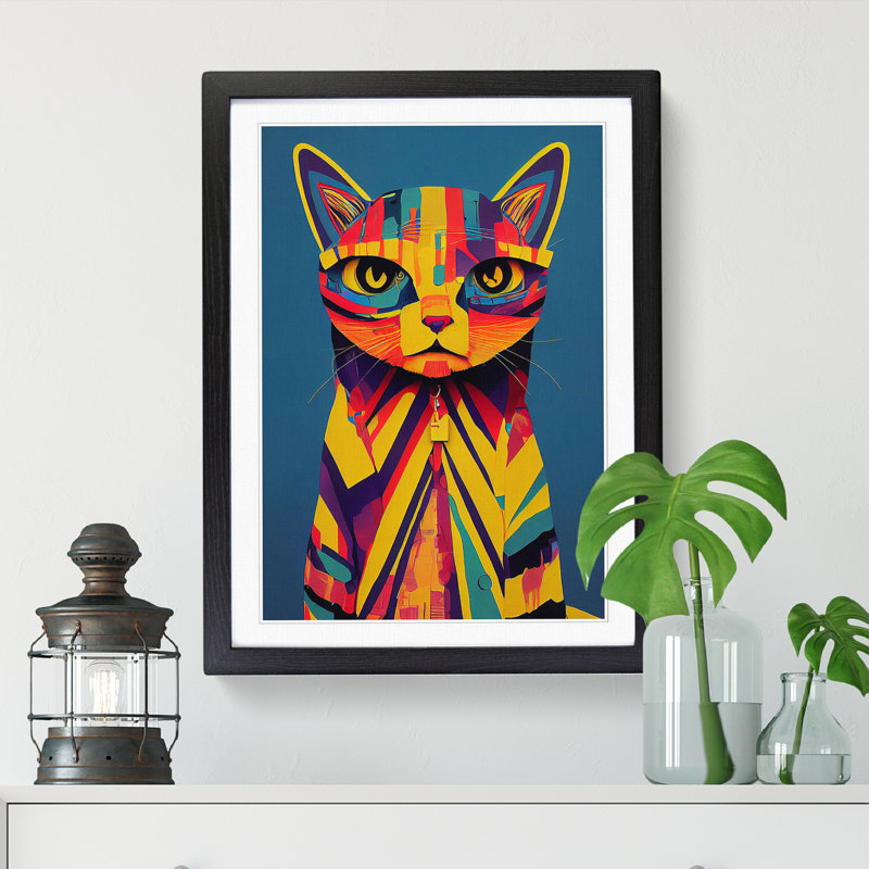 Colourful Abstract Cat Vol.1 - Single Picture Frame Print, 34cm H x 25cm W x 2cm D, Walnut Framed
