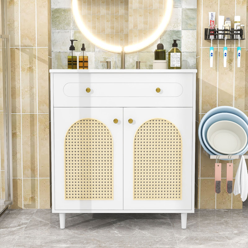 Meuble-lavabo de salle de bain avec lavabo en céramique, tablette réglable, tiroir basculant et décorations en rotin, Blanc