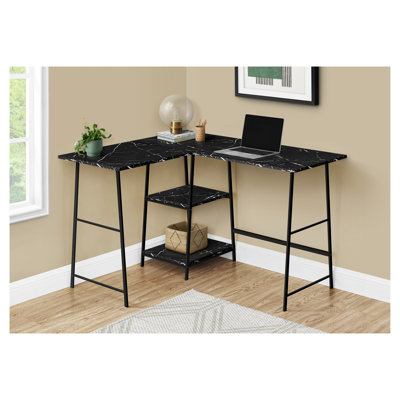 Bureau d'ordinateur de coin industriel noir avec tablettes de rangement ouvertes, poste de travail de bureau en L de 48 pouces