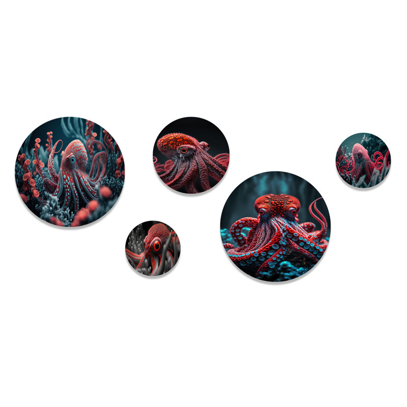 Ensemble de 5 décorations murales pieuvre rouge sur l'océan