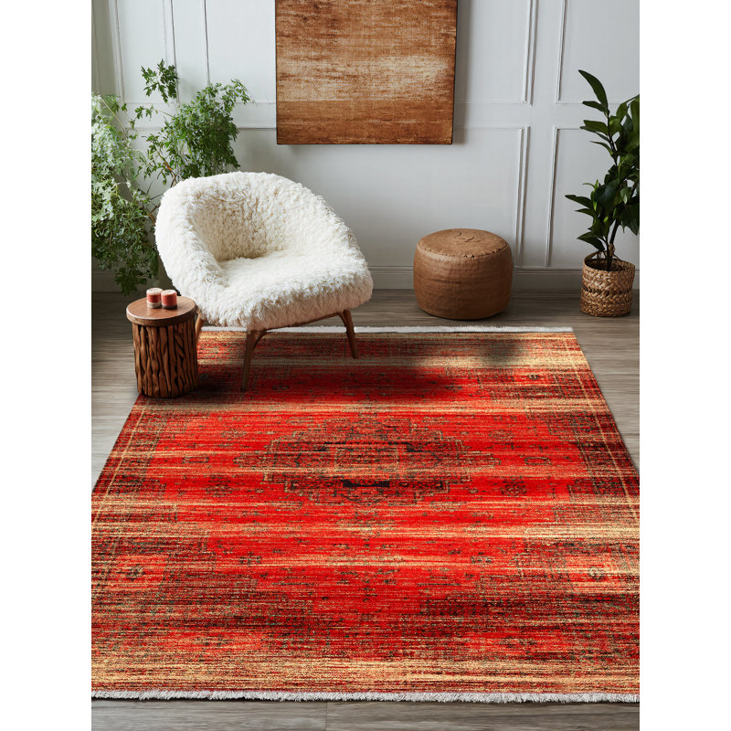 Susan Red Oriental Machine Printed Cotton Polyester Area Rug, Rectangle 5'3" x 6'7"