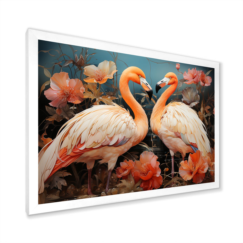 «Graceful Orange Flamingo Ballet» sur toile, Cadre simple blanc, H 16 po x l 32 po x P 1,5 po