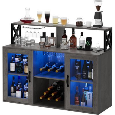 Bar Cabinet With Power Outlets, Led Lights And Glass Holder, Storage Buffet Cabinet by Wrought Studio