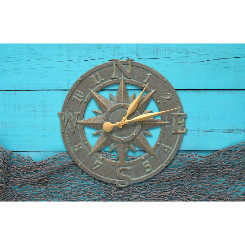 16" Compass Rose Clock, Copper Verdigris