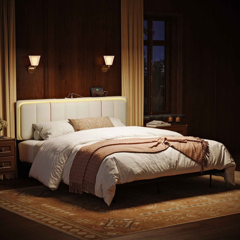 Upholstered Floating Bed Frame with Storage Headboard, Modern Metal Bed Frame with LED Light & Charging Station, No Spring Boxing Needed