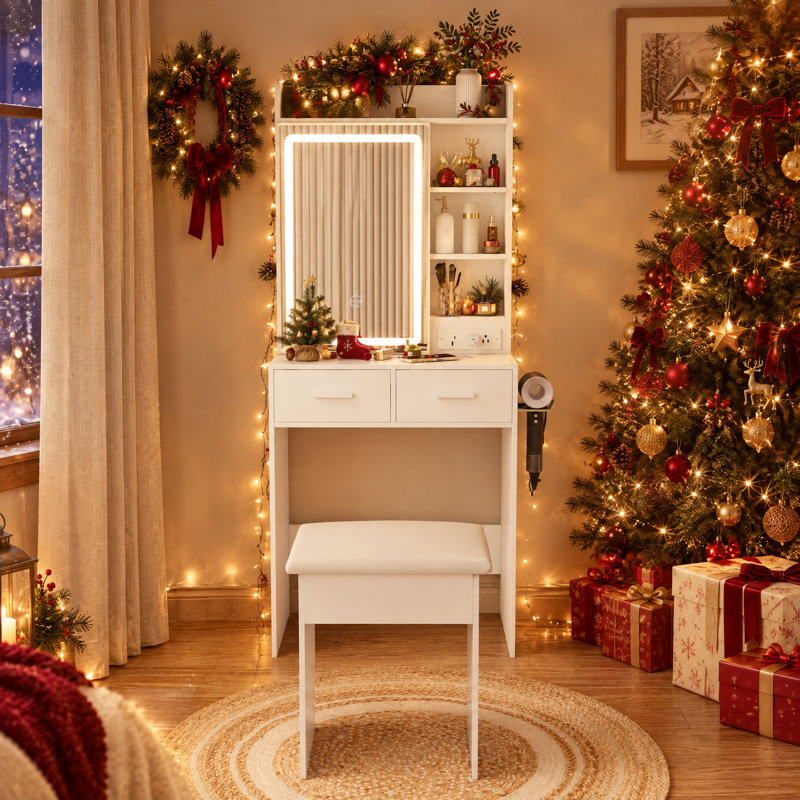 Ensemble de meuble-lavabo compact avec miroir lumineux à DEL réglable, rangement caché et tabouret rembourré, prise de courant intégrée, coiffeuse compacte pour petite chambre à coucher, blanc