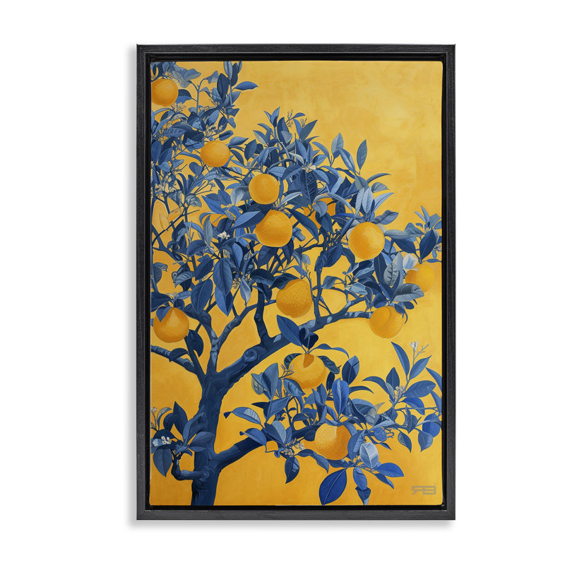 Citronnier sur toile flottante encadrée gris orange par RB, H 31 po x l 21 po, Cadre flottant noir de jais