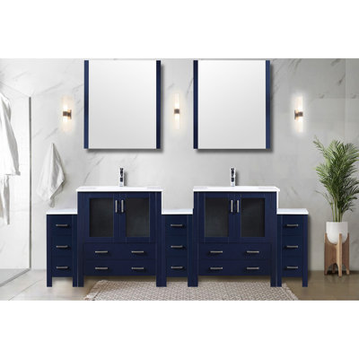 96 po. Bleu marine, meuble-lavabo double, armoires latérales, miroir inclus, robinet, meuble-lavabo bleu anti-rayures et antitaches W, 28 miroirs à un trou, plateau en céramique blanche pour salle de bain tendance