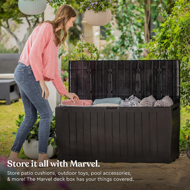 Brown Lockable Plastic Wicker Deck Box with Wheels, 71 Gal