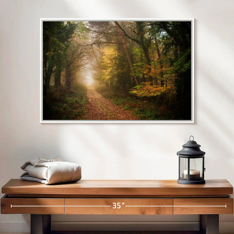 Chemin dans la forêt d'automne, Cadre flottant blanc, 25 po x 17 po