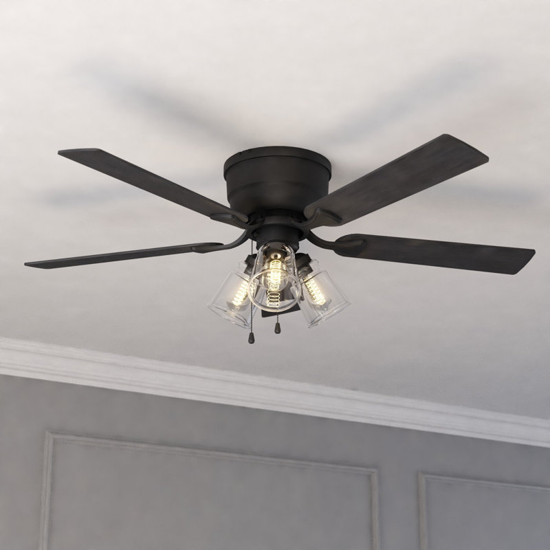 Bodner 52 in. Matte Black Indoor Low Profile Flush Mount Ceiling Fan with Reversible Matte Black-Black Oak Blades, Dimmable LED Light Kit, Pull Chain and Remote Control, 3 Speed, Clear Glass Shade