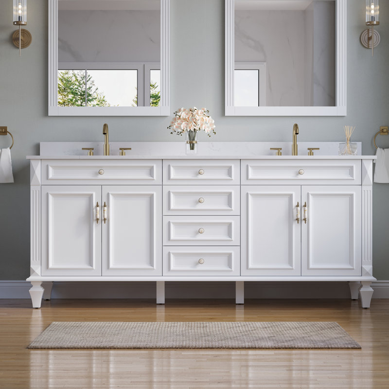 Meuble-lavabo autoportant en bois massif Gamella l 80 po x H 35 po avec comptoir en quartz blanc Carrera résistant aux taches et lavabo double, blanc